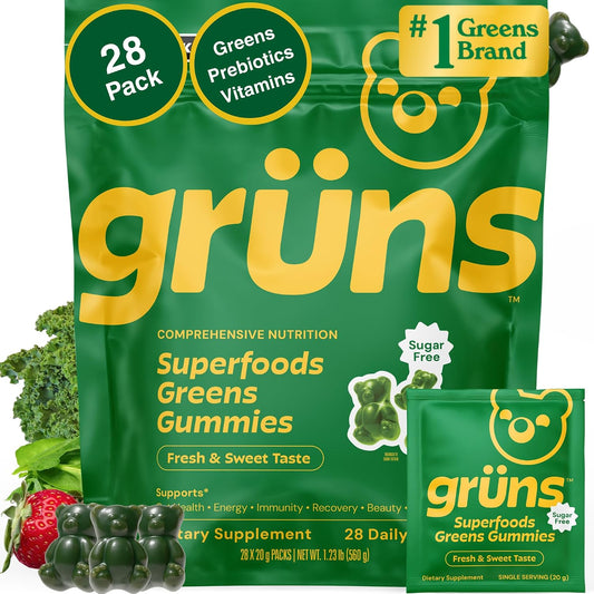 Amazon.com: Gruns Adult Greens Gummies Sugar Free Multivitamin & Prebiotic Fiber, 28 ct | Daily Supplement with Vitamins & Minerals, Adaptogens, Antioxidants : Health & Household